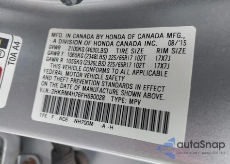2015 Honda Cr-V Ex-L z USA, uszkodzony, nr VIN 2HKRM4H76FH690028